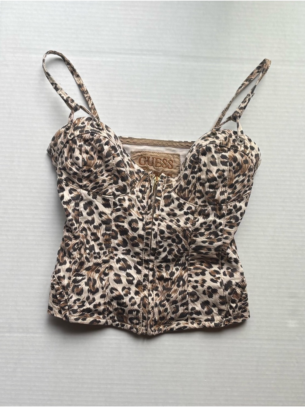 GUESS vintage Leopard sparkly Print Bustier corset Top cotton xs beige zipper